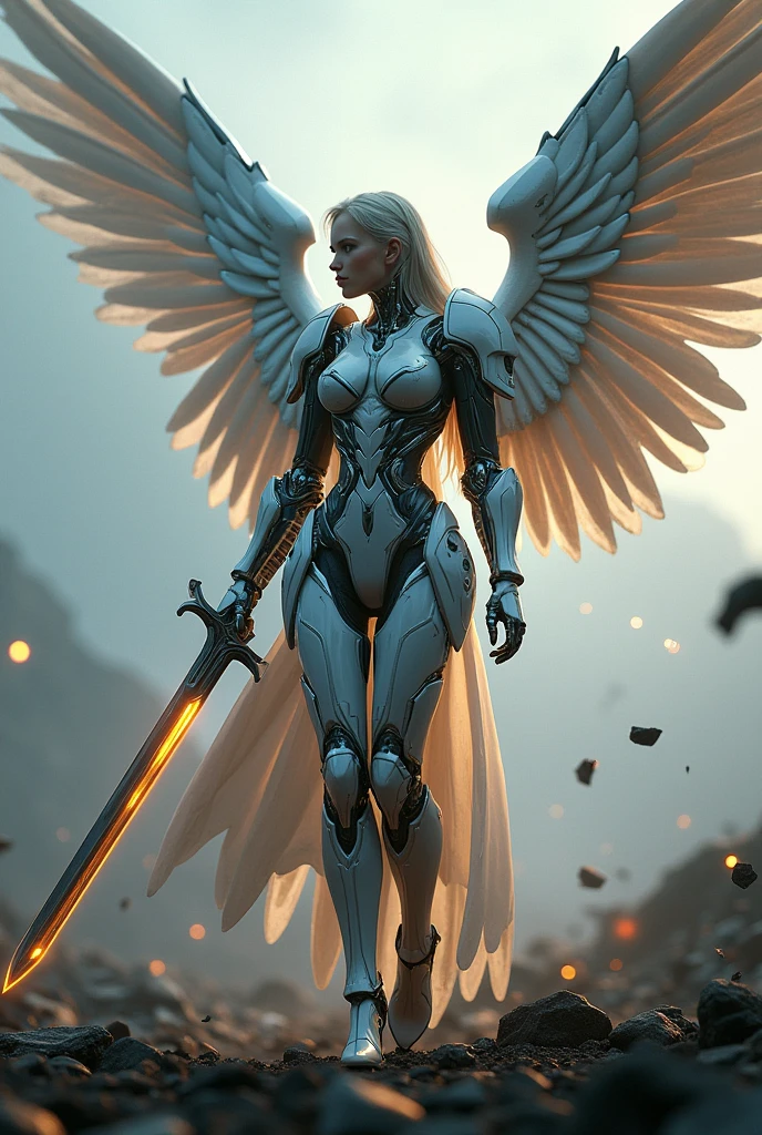 Seraph Gabriel,war effect,REAL - style image of a woman with a sword in a field, cyberpunk art inspired by Leng Mei, cgsociety contest winner, fantasy art, beautiful cyborg angel girl, angel knight girl, as a mystical valkyrie, Battle Angel, angel in plastic armor, mechanized valkyrie girl, unreal engine 4k wallpaper, wraith from apex legends, epic angel wings