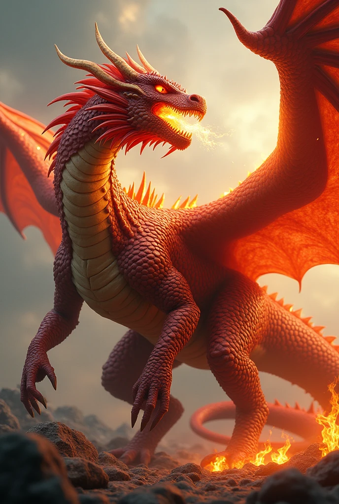 A large dragon about 6 meters long, with a wingspan of about 8 meters, with strong muscles and red and gold scales that reflect light like flames. The dragon&#39;s mouth has flames coming out of it, and its tail looks like a burning flame and leaves a burning smell.