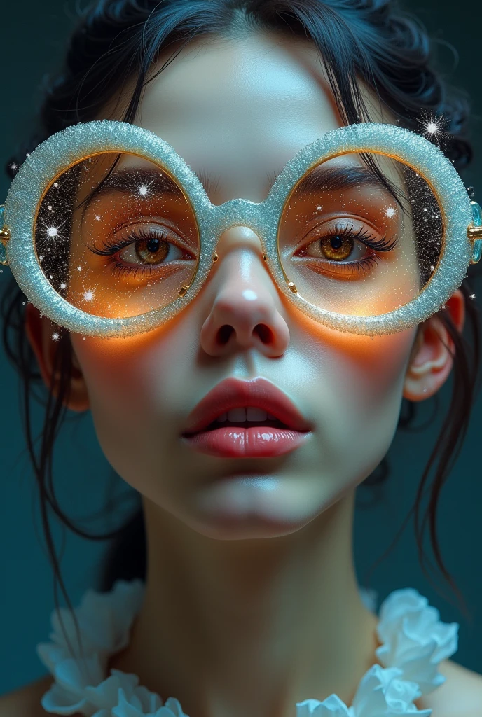 The model is wearing glass sunglasses with stars and the moon on the glass