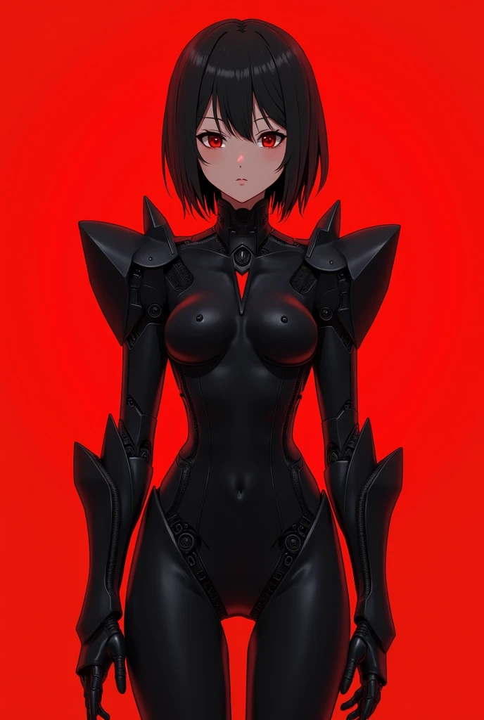 1 girl,pureerosface_v1,black mecha suit, minimalism, bright red background, simple background, fish eyes, Master Pieces, Maximum quality, best qualityer, offcial art, beautiful and aesthetic, animation, lift your butt,