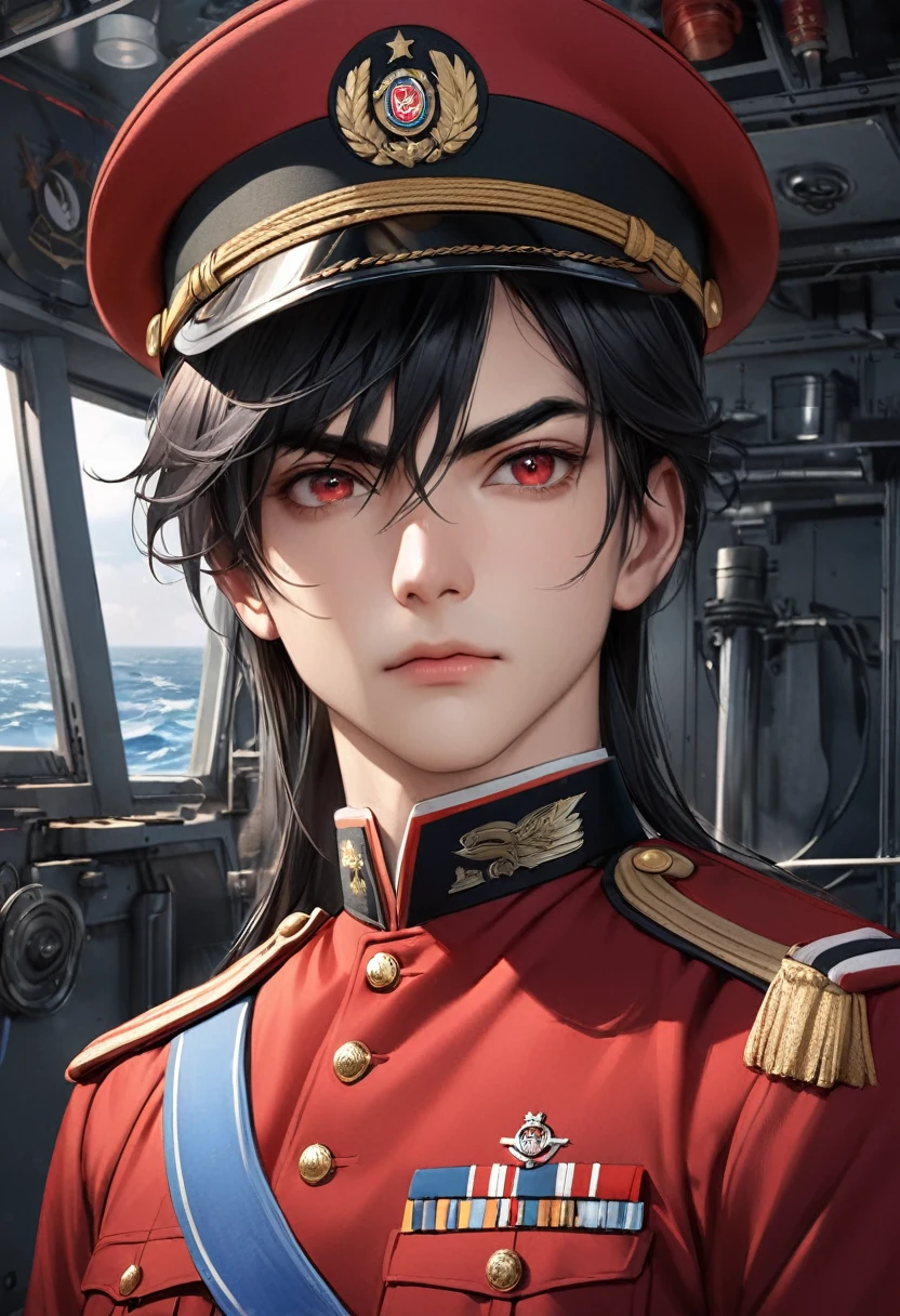 1 person male Black short hair Black eyebrows Bangs on the face Crimson Eyes Red military uniform Inside the battleship Realistic