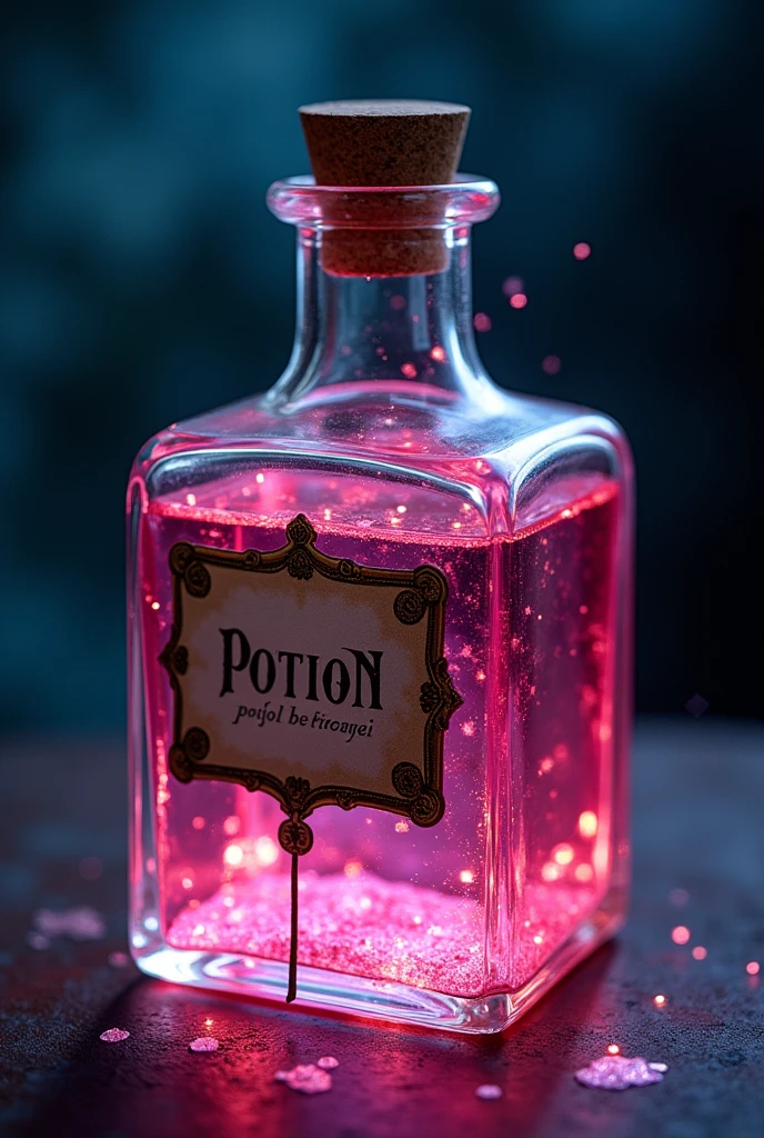 create alice in wonderland potion,  that has a label that has a strip and the label hanging, that the potion looks shiny, that it is transparent pink, the jar is rectangular