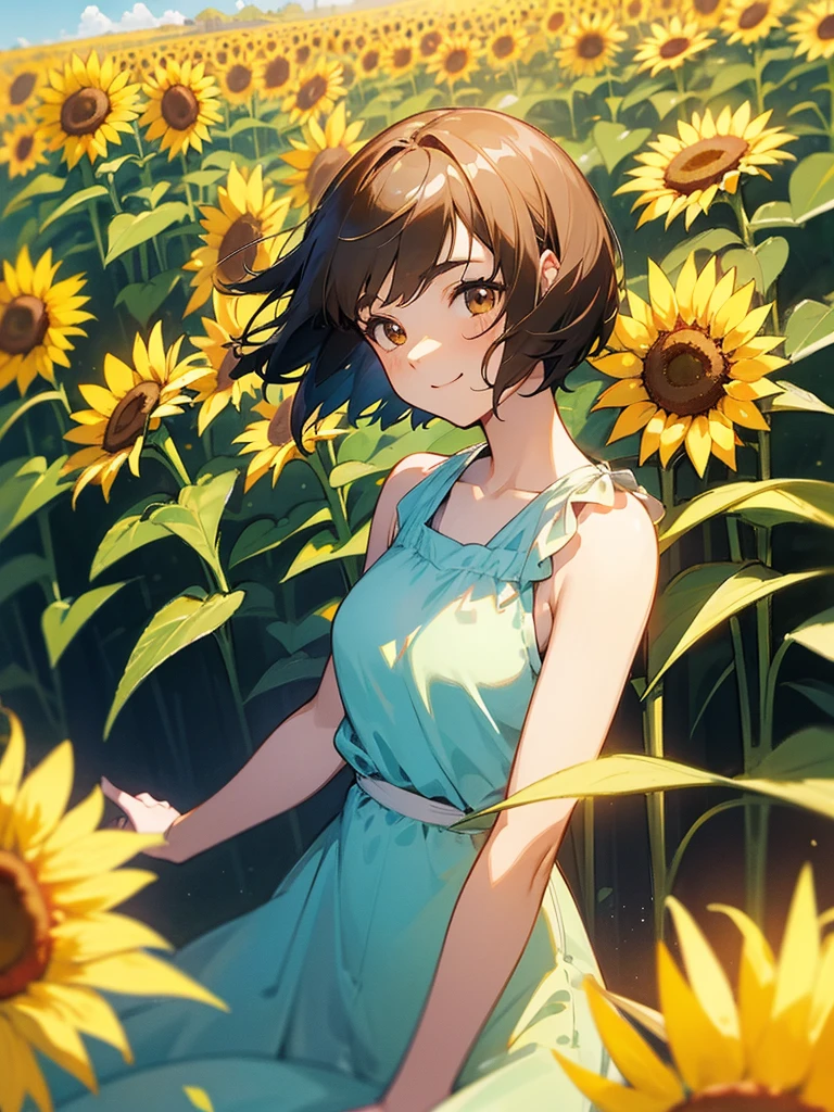  master piece, best quality, for below, cinematic angle, upper body , pigeon toed,  
Anime-style Moe illustration, summer vacation theme, 20-year-old woman, sunflower field, short hair, 
Picnic Maxi Dress, slightly inner thighs, smile, accurate drawing, Active pose, Active Angle, 