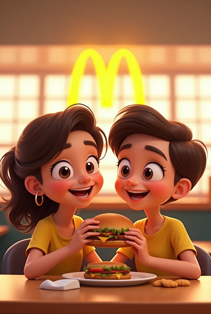 Two adorable teenage friends、sitting at a cafeteria table eating a hamburger。
They were in a McDonald's-style cafeteria.、The McDonald's logo is displayed in the background。McDonald's logo Their eyes are big and expressive、Smile、Sharing moments of friendship。
From the camera's point of view、They are depicted smiling and looking at the camera。
The illustration style is Disney/Pixar animation style、Characters have friendly expressions and details。