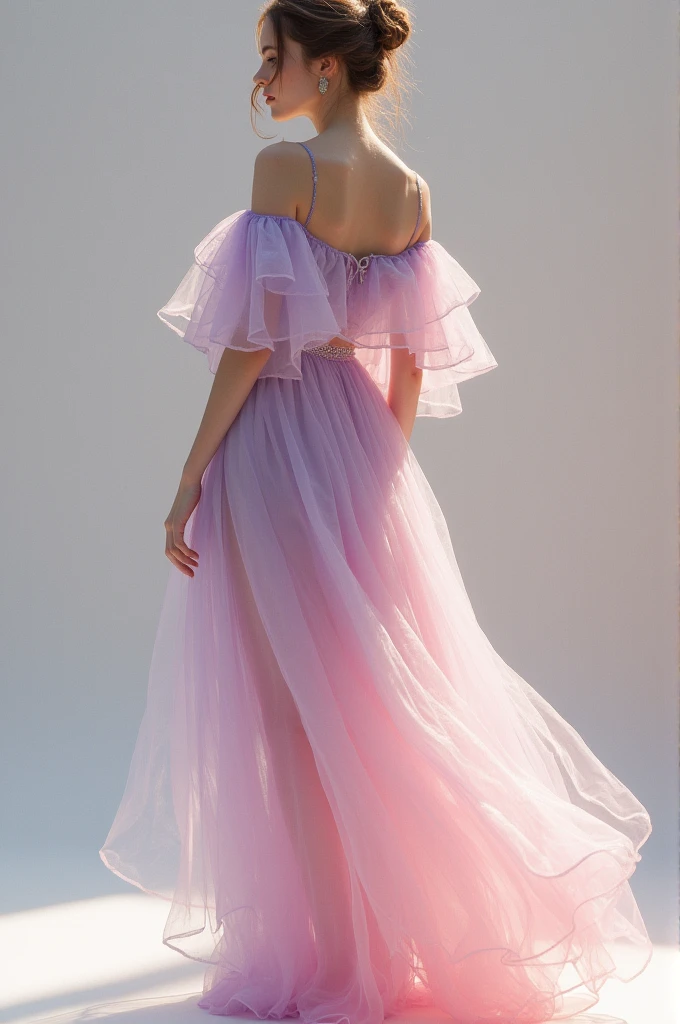 Pink fantasy dress, pearl and lavender, of light fabrics, off shoulder and loose ruffles on the sleeves