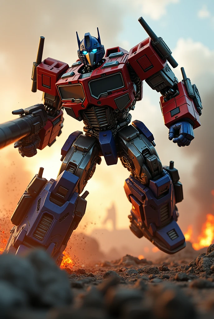 a highly detailed and realistic Optimus Prime robot. Hulk buster, very detail. High tech.extremely dynamic and energetic pose.Transformers galaxy force. Galaxy convoy. running and jumping through a war-torn battlefield, firing a bazooka. Big on his back engaged in an intense battle with Megatron, cinematic tilt-shift photography effect, hyper-detailed, 8k, photorealistic, dramatic lighting, vivid colors, industrial sci-fi, best quality. Very epic. Ashes everywhere. Ember. Michael bay. Travis knight. Hasbro. Takara tomy.