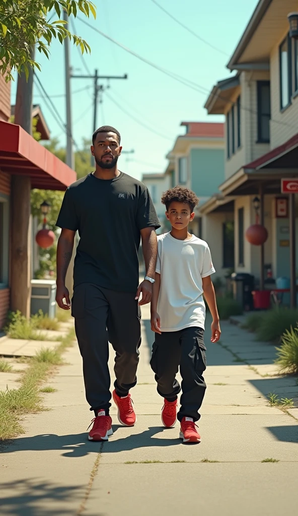 Create a photo a man walking  in the road side the boy beside are house and shops that boy costumes ra white t-shirt black shirt cargo pant with jordans red shoes