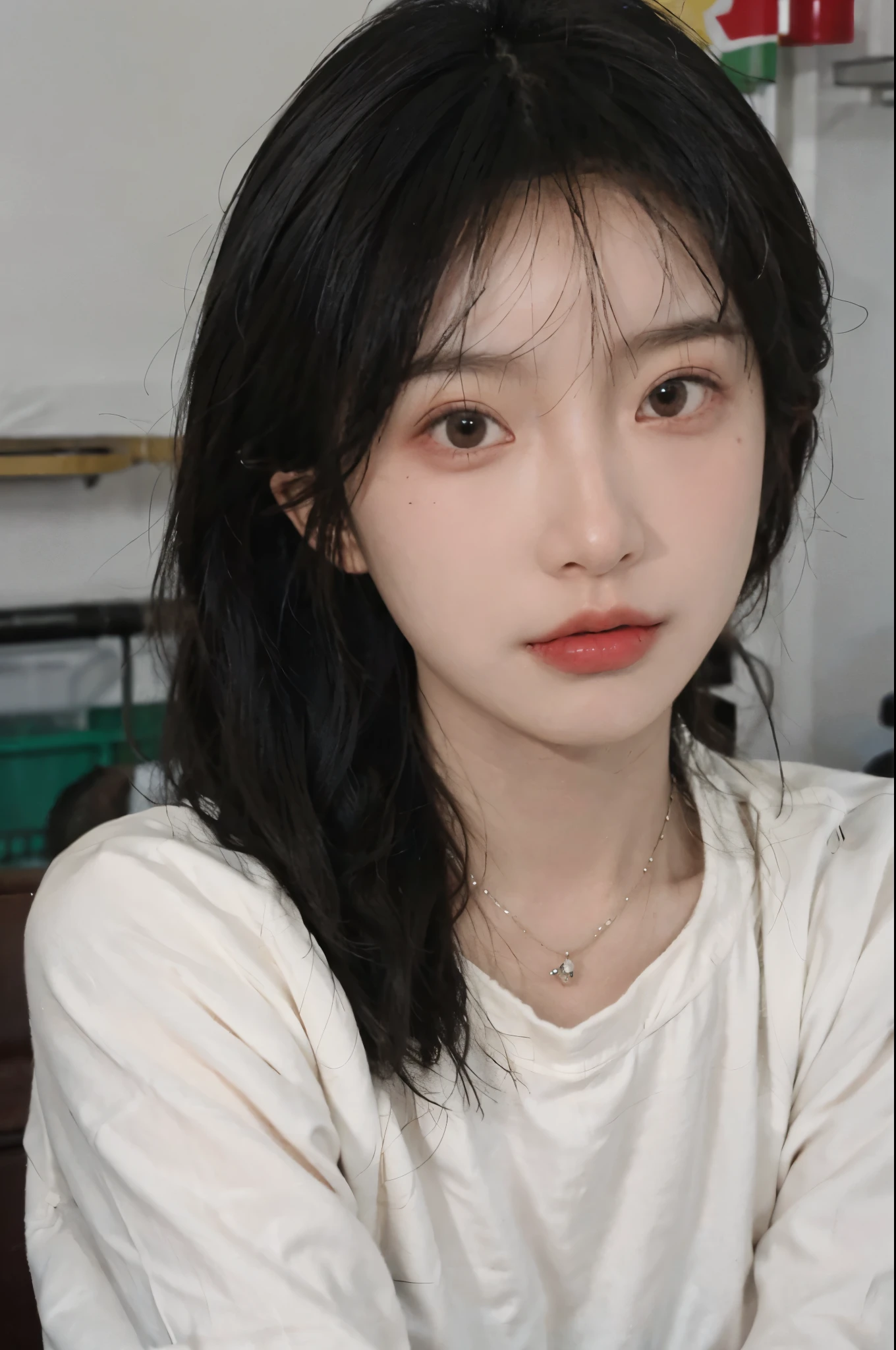 Best quality,Ultra-high resolution,(Realism:1.4),Cute hairpins,girll,Cropped black sweater,Look directly at the audience,Full of atmosphere,Beautiful woman with a slim figure:1.4,supermarket,Super delicate face,Exquisite eyes,Double eyelids,necklace