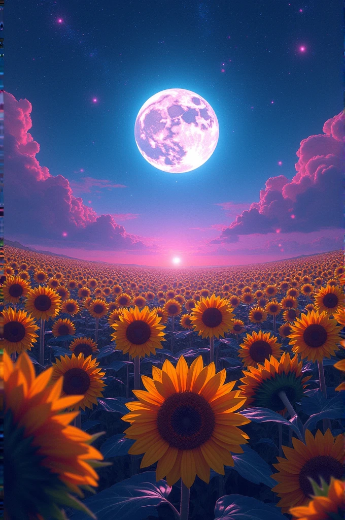 In the foreground, an endless field of sunflowers with their bright colors and tall stems stretches towards the horizon. The sunflowers appear to be vibrating with energy and movement, as if they are dancing to the beat of music. In the night sky, the full moon shines with a silvery glow, surrounded by a halo of stars that twinkle in shades of electric blue and bright purple. The overall atmosphere of the image is a mix of nostalgia for the past and anticipation for the future, with a touch of cyberpunk aesthetic reflected in the colors and futuristic composition of the scene.