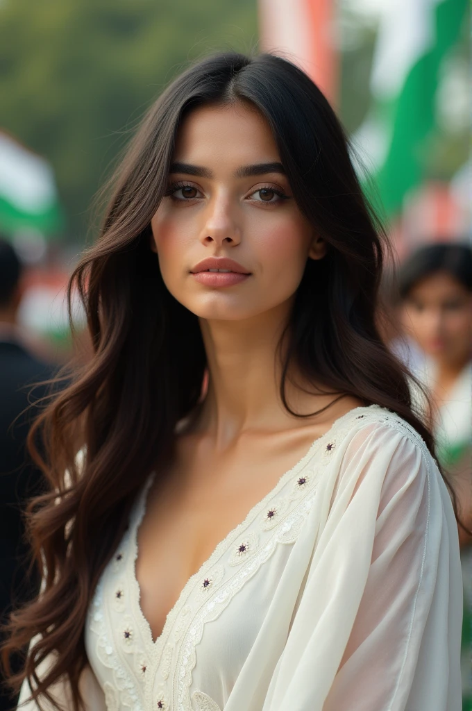 An extremely beautiful Pakistani girl in white dress with Pakistan independence day background. Ultra 8k resolution 