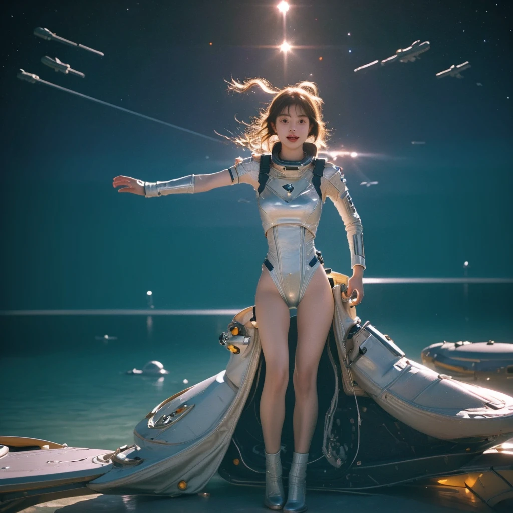 A girl in a spacesuit,((sexy)),floating in space, majestic planets in the background, full body shot, space station, planetary rings, wide angle lens, open mouth laughing, cinematic lighting, highly detailed, photorealistic, 8k, award winning, ethereal, dramatic, mesmerizing, stunning, otherworldly, masterpiece