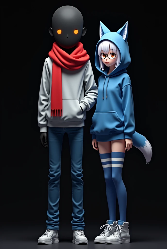 Anime pointing, black void man 6'4, with orange hollow eyes, red scarf, gray hoodie, blue jeans, with a girl that is 6'8 , wearing a blue hoodie with only 2 white stripes on the chest of the hoodie and arms, blue thigh highs with white strips only 2, wearing blue cone on head with white stripe, wolf ears, wearing basic circle glasses,