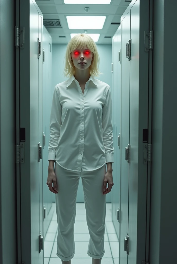 trapped in a laboratory, He is wearing a white shirt, white pants and white shoes. She has blonde hair and her eyes have a red light., She is locked in what looks like a cell with grey walls.