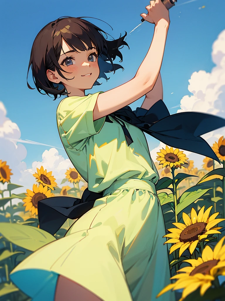  master piece, best quality, for below, cinematic angle, upper body , pigeon toed,  
Anime-style Moe illustration, summer vacation theme, 20-year-old woman, sunflower field, short hair, 
Picnic Maxi Dress, slightly inner thighs, smile, accurate drawing, Active pose, Active Angle, 