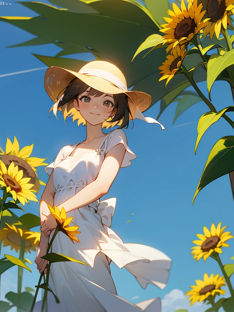  master piece, best quality, for below, cinematic angle, upper body , pigeon toed,  
Anime-style Moe illustration, summer vacation theme, 20-year-old 4womans holding a bouquet of sunflowers, short hair, summer dress, slightly inner thighs, smile, accurate drawing, Active pose,