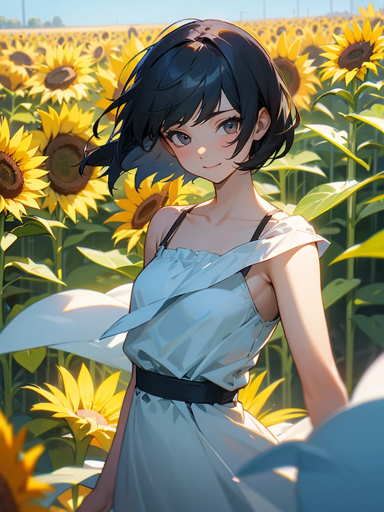 master piece, best quality, for below, cinematic angle, upper body , pigeon toed,
Anime-style Moe illustration, summer vacation theme, 20-year-old woman, sunflower field, short hair,
Picnic Maxi Dress, slightly inner thighs, smile, accurate drawing, Active pose, Active Angle,