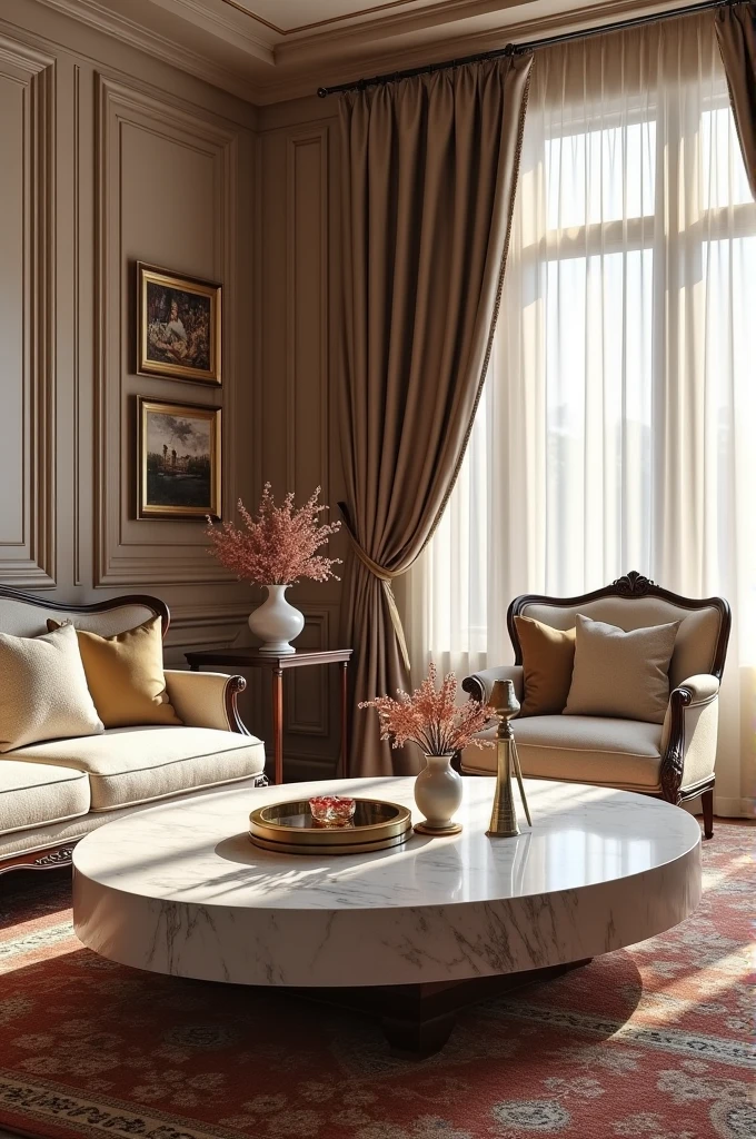 Professional 3d architecture rendering design of modern and  gold French design for living room  with elegant wooden and  medium  size white marble slab stone middle table with elegant French chairs and silk Persian carpet and elegant curtains and clothes wall and showing complete and elegant accessories and furniture 