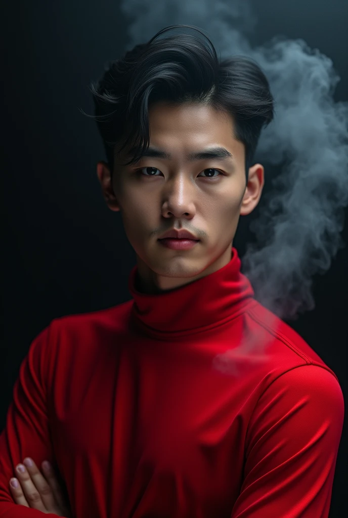 Create a profile picture of Korean handsome men wearing a red long sleeve with name "Akio" with black background and smoke with ultra realistic image