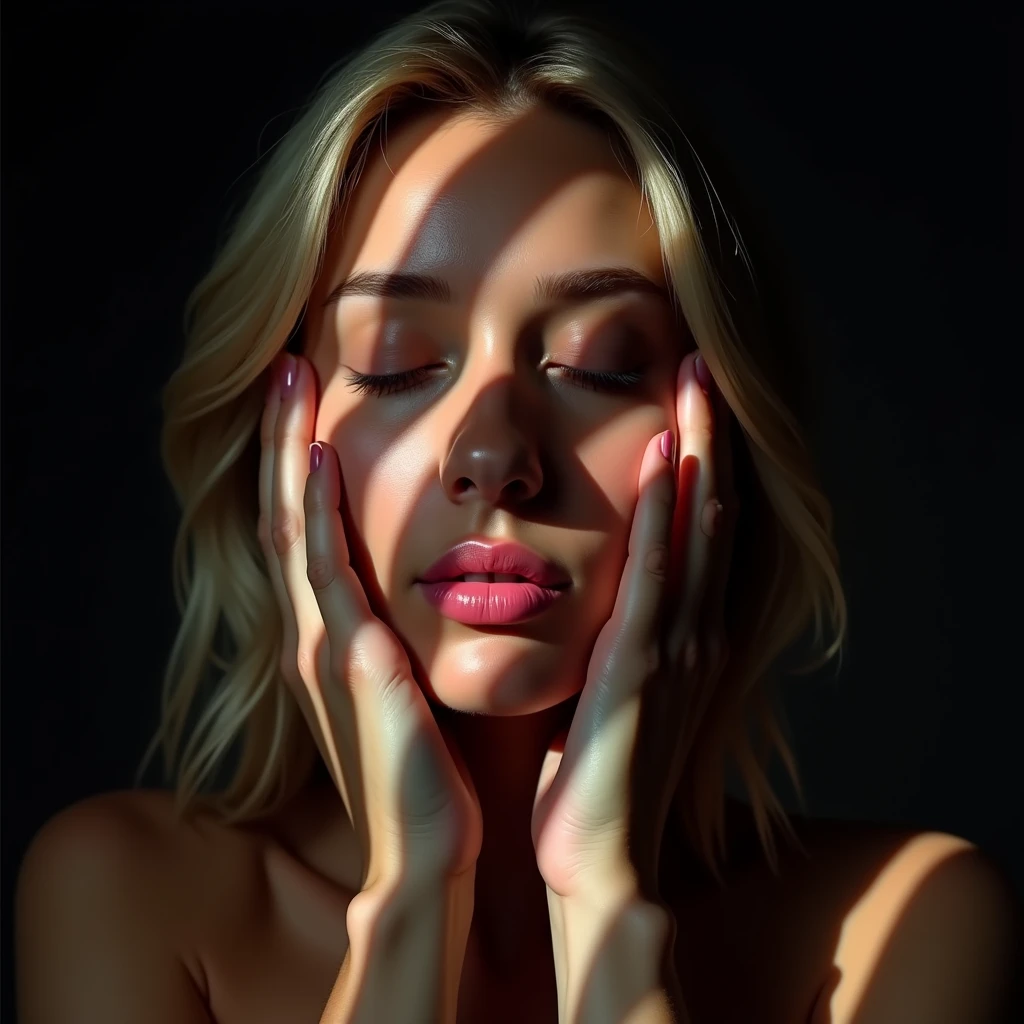 hyperealistic photo, A beautiful blonde woman with her hands on her face, her eyes closed and mouth open, illuminated by shadow patterns from the sun on a black background, rays of light creating shadows of stripes on her skin, pink lipstick, a close up portrait in the style of photography, a symmetrical composition, in a dark room., high definition, hyper realistic. detailed face, 8k