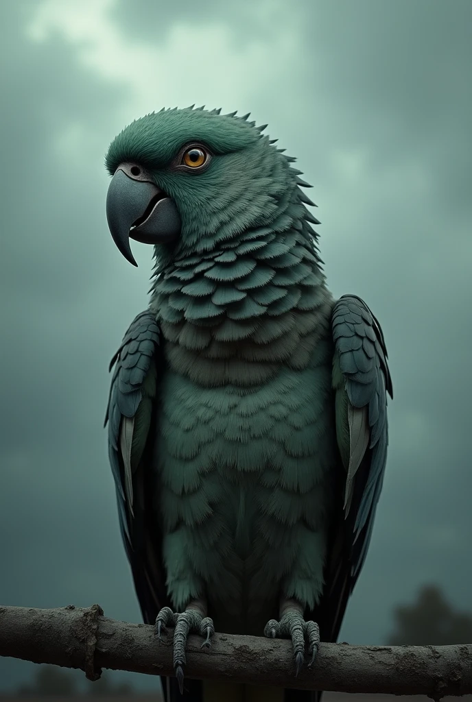 A parrot with a dull and tattered plumage amidst a gloomy, overcast sky.