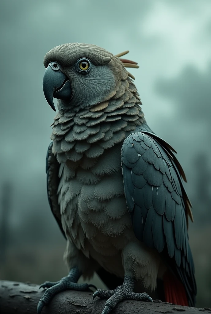 A parrot with a dull and tattered plumage amidst a gloomy, overcast sky.