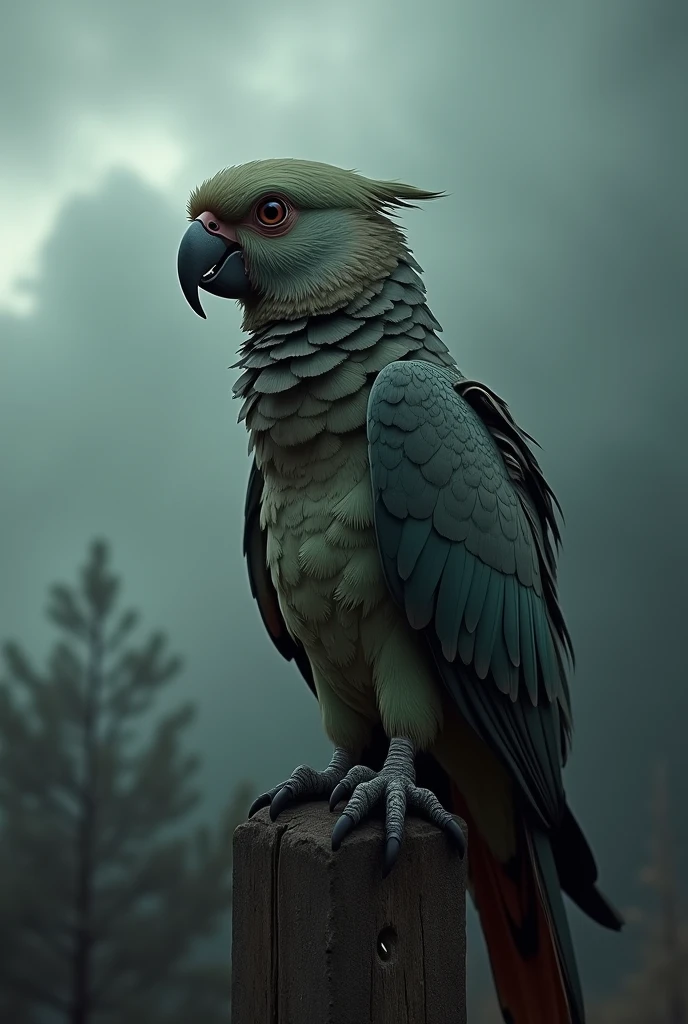 A parrot with a dull and tattered plumage amidst a gloomy, overcast sky.