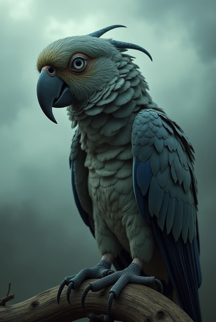 A parrot with a dull and tattered plumage amidst a gloomy, overcast sky.