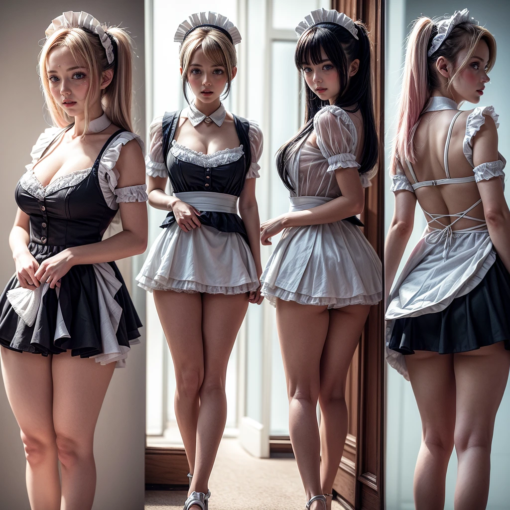 (Full Body of Extremely Detailed((Kawaii Maid Group in a row:1.37))), Cute perfect face, Reflective Eyes, Detailed(Delicate Clothing textures), Correct Leg Line, Dynamic Joyful Expressions LifeLike Rendering, Specular Reflection, TopQuality 8K Ultra-detailed masterpiece (ProfessionalPhoto:1.37), (Acutance:0.8), (Luminism:1.28), (Renaissance art style), Colorful Light particles, ((Full body from side)), {MicroMini Skirt|Kissing|Breast Lifting|Undressing|Thigh Gap|AssFocus}, Radiant Fine Skin with Transparency, (Exposed:0.5), (Different types of Anime hair color){Pink Hair|Blue Hair|Platinum Blonde|Pure White Hair|Liquid Hair}, Perfect Lighting