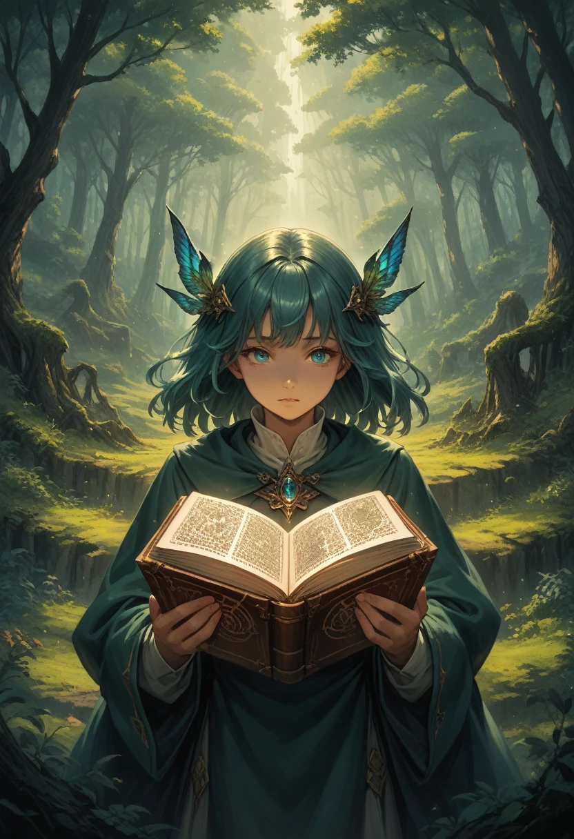 Anime Witch,Hair Color Azure,Eye Color Dark Green,The scale of the painting is breathtaking,Casts a Spell and Everything Rises with Gusts of Wind,Charming with a Beautiful Figure,hands up,Spell Book Glows Golden Color, the forest, High Definition Wallpapers 4k, Fantasy, fantasy, Details maximum, masterpiece, Clear Development of the Picture, score_9, score_8_up, score_7_up, best quapoty, highres, absurdres, source_アニメ