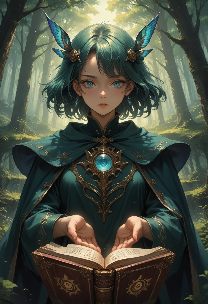 Anime Witch,Hair Color Azure,Eye Color Dark Green,The scale of the painting is breathtaking,Casts a Spell and Everything Rises with Gusts of Wind,Charming with a Beautiful Figure,hands up,Spell Book Glows Golden Color, the forest, High Definition Wallpapers 4k, Fantasy, fantasy, Details maximum, masterpiece, Clear Development of the Picture, score_9, score_8_up, score_7_up, best quapoty, highres, absurdres, source_アニメ