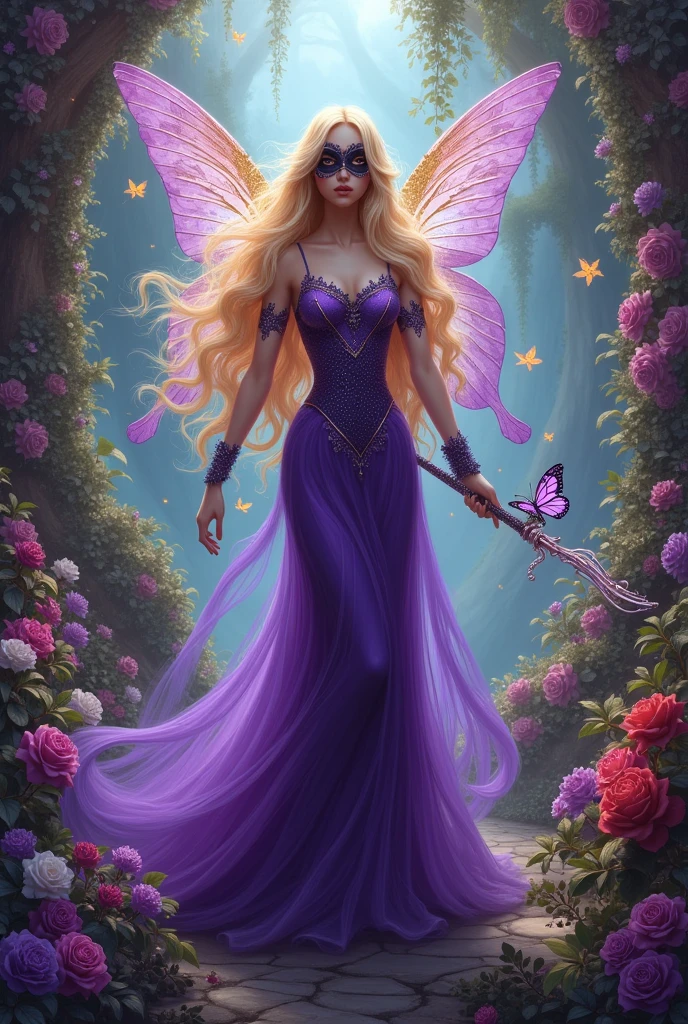  world beautiful god fairy wearing a purple gown and a magic stick and yellow hair and a black  face mask and purple+red roses background with her empire and around nature fairy beautiful animals and butterflies 