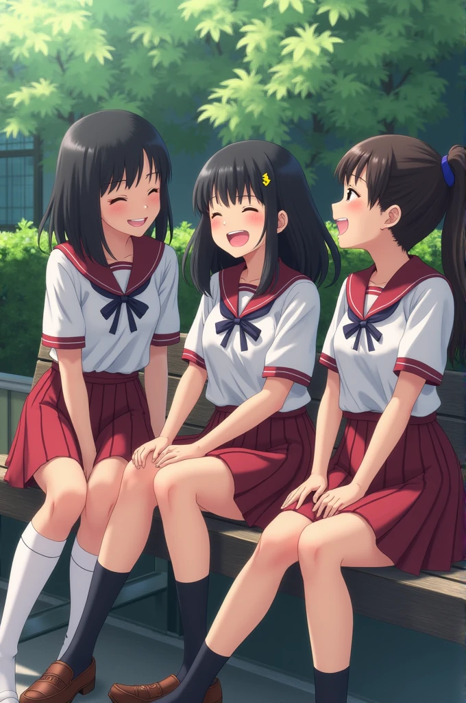 Create me a mid length black hair girl that's is so pretty sitting on a bench laughing with her girl friends, wearing a uniform, a white blouse and red skirt with a socks and black shoes. candid photos of her, admiring from afar