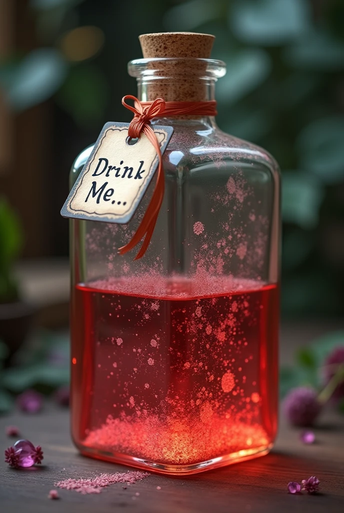 create alice in wonderland potion,  that has a tag that has a ribbon strip and the tag hanging that says drink me, that the potion looks shiny, that it is more transparent reddish pink, the jar is rectangular