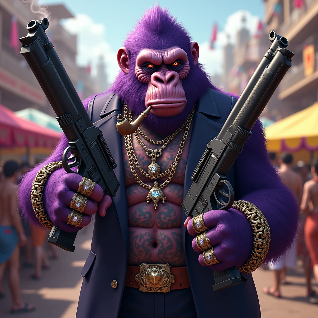 Purple Ape, With giant and high-caliber weapons, with gangster SUIT with chains, tattooed, with huge diamond and gold rings, smoking with a pipe, at an Indian fair, has to be in the foreground