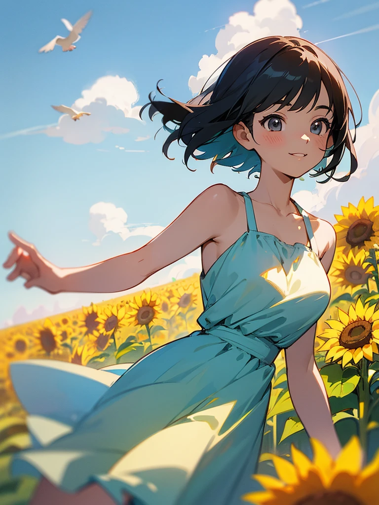  master piece, best quality, for below, cinematic angle, upper body , pigeon toed,  
Anime-style Moe illustration, summer vacation theme, 20-year-old woman, sunflower field, short hair, 
Picnic Maxi Dress, slightly inner thighs, smile, accurate drawing, Active pose, Active Angle, 