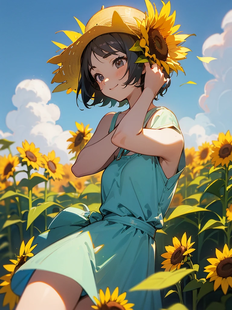 master piece, best quality, for below, cinematic angle, upper body , pigeon toed,
Anime-style Moe illustration, summer vacation theme, 20-year-old woman, sunflower field, short hair,
Picnic Maxi Dress, slightly inner thighs, smile, accurate drawing, Active pose, Active Angle,