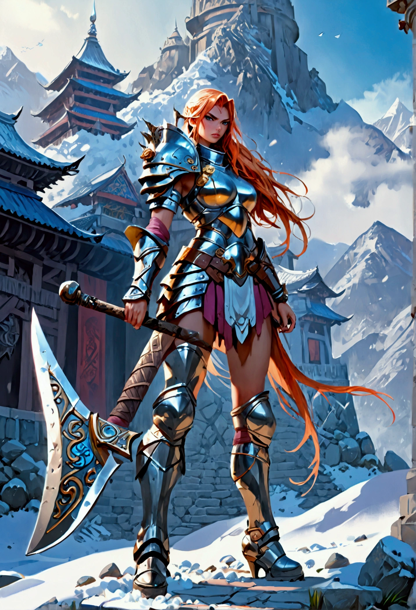 aa fantasy art illustration of a female giant knight armed with a ((mighty battleaxe: 1.5)) standing at the temple gates built on snowy mountain, (((she is as tall as the mountain: 1.3))) a wild beautiful, exotic beautiful giant knight, ((anatomically correct: 1.5), (ultra detailed face: 1.2), best detailed face, dynamic hair color, dynamic hair style, armed with a giant axe, shiny axe, its blade reflects the sunlight, studded with gems, wearing metal armor, dynamic armor color, wearing high heeled boots, standing near a fantasy temple, magnificent temple, with a tower, on snowy mountain (((she is as tall as the mountain:1.3))), vibrant, Hyperrealism style, vibrant, Ultra-high resolution, High Contrast, (masterpiece:1.5), highest quality, Best aesthetics), best details, best quality, highres, ultra wide angle, 16k, [ultra detailed], masterpiece, best quality, (extremely detailed) RAW, rpg portrait battleaxe Dark Art Painting Style