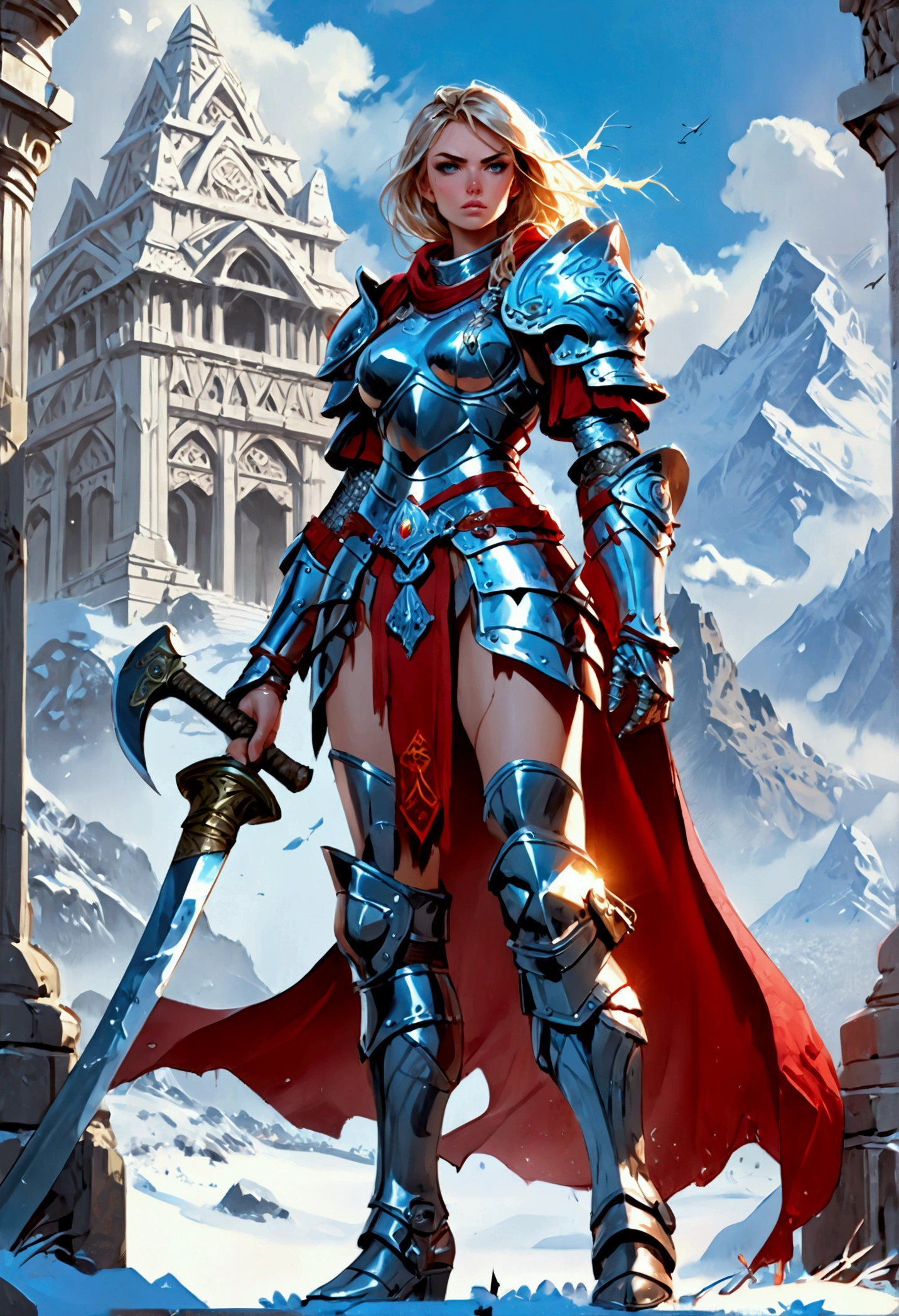 aa fantasy art illustration of a female giant knight armed with a ((mighty battleaxe: 1.5)) standing at the temple gates built on snowy mountain, (((she is as tall as the mountain: 1.3))) a wild beautiful, exotic beautiful giant knight, ((anatomically correct: 1.5), (ultra detailed face: 1.2), best detailed face, dynamic hair color, dynamic hair style, armed with a giant axe, shiny axe, its blade reflects the sunlight, studded with gems, wearing metal armor, dynamic armor color, wearing high heeled boots, standing near a fantasy temple, magnificent temple, with a tower, on snowy mountain (((she is as tall as the mountain:1.3))), vibrant, Hyperrealism style, vibrant, Ultra-high resolution, High Contrast, (masterpiece:1.5), highest quality, Best aesthetics), best details, best quality, highres, ultra wide angle, 16k, [ultra detailed], masterpiece, best quality, (extremely detailed) RAW, rpg portrait battleaxe Dark Art Painting Style