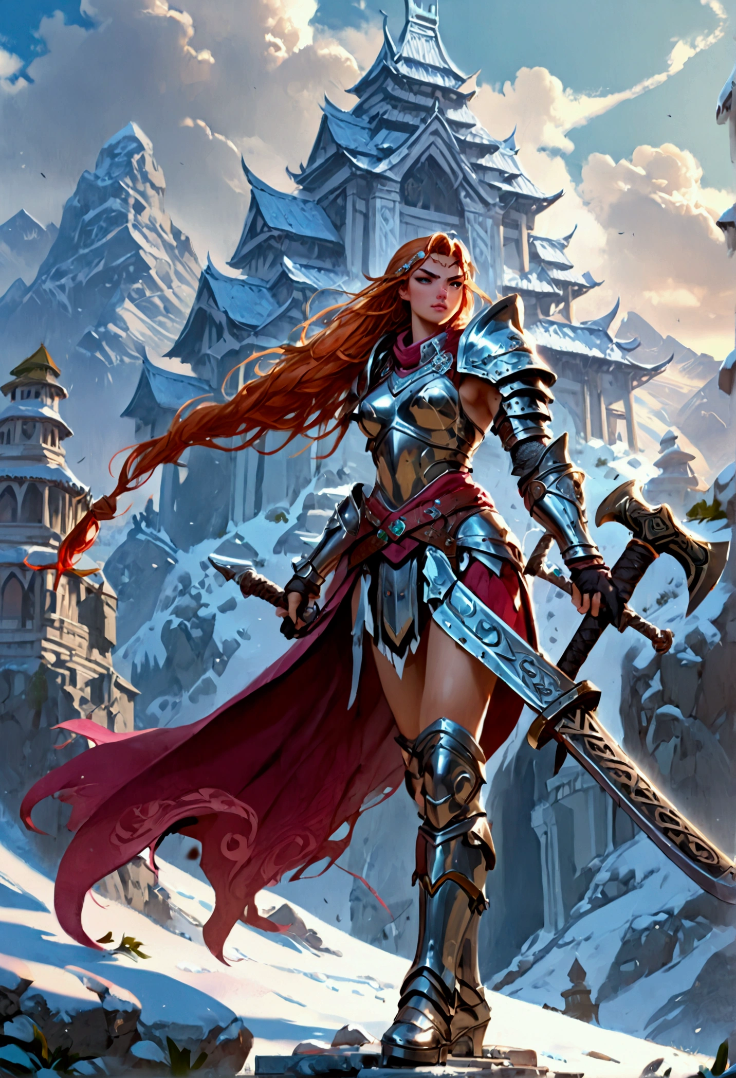aa fantasy art illustration of a female giant knight armed with a ((mighty battleaxe: 1.5)) standing at the temple gates built on snowy mountain, (((she is as tall as the mountain: 1.3))) a wild beautiful, exotic beautiful giant knight, ((anatomically correct: 1.5), (ultra detailed face: 1.2), best detailed face, dynamic hair color, dynamic hair style, armed with a giant axe, shiny axe, its blade reflects the sunlight, studded with gems, wearing metal armor, dynamic armor color, wearing high heeled boots, standing near a fantasy temple, magnificent temple, with a tower, on snowy mountain (((she is as tall as the mountain:1.3))), vibrant, Hyperrealism style, vibrant, Ultra-high resolution, High Contrast, (masterpiece:1.5), highest quality, Best aesthetics), best details, best quality, highres, ultra wide angle, 16k, [ultra detailed], masterpiece, best quality, (extremely detailed) RAW, rpg portrait battleaxe Dark Art Painting Style