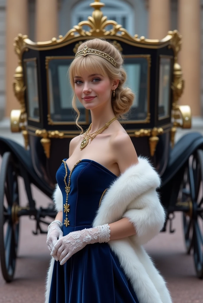 Two-horse pull carriage, gorgeous carriage, Pick-up from the palace, In front of the palace at night, In front of the carriage,  at viewer, English female, Age: 20 age-old, blond hair , chignon , fringe, beautiful blue eye, little smile, (middle cup breasts, slender whist, middle hip),(Royal Navy color Princess dress, Velvet Fabric, evening long dress:1.3), A white gown is draped over her shoulders to keep out the cold.、 (elbow silk lace glove),stockings, HI heals, gold ring earring, gold neckless, bracelet, tiara , standing, accurate, anatomically correct, textured skin, beautiful fingers super detail, high details, high quality, UHD, accurate, anatomically correct, textured skin, beautiful fingers super detail, high details, high quality, best quality