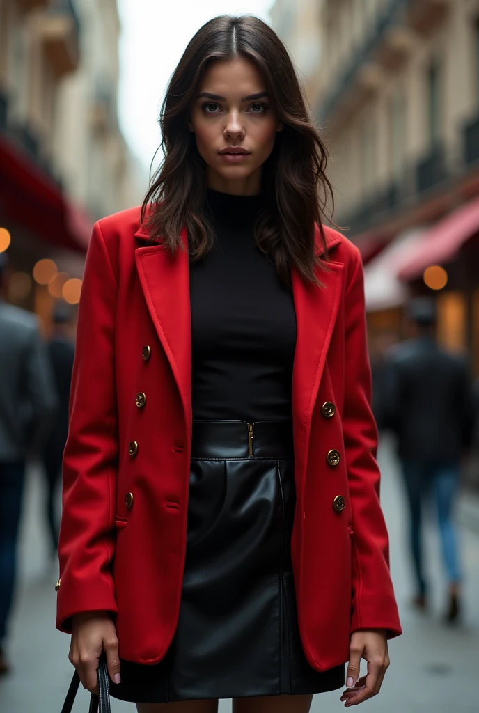 highres,masterpiece,best quality,extremely detailed,nsfw,1girl,city, street,arms behind back, black skirt, red coat, eye focus,
