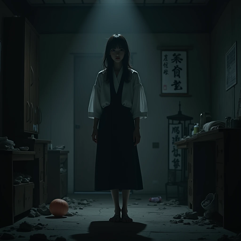 female, disappointed, in the room, at midnight, expressionless, dark atmosphere, trash , japanese