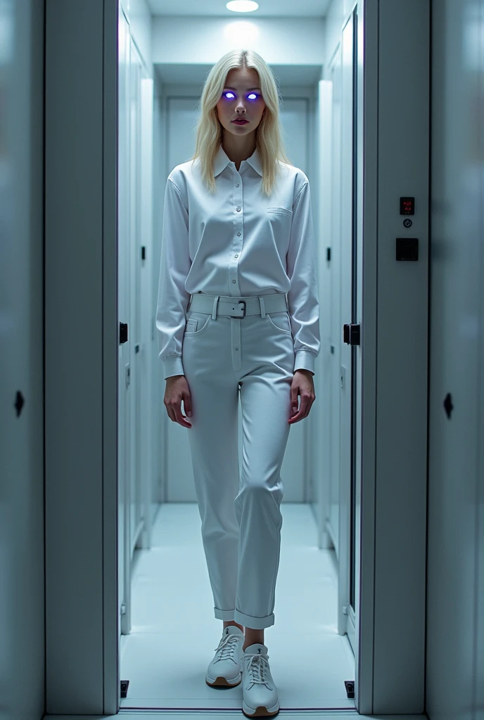 trapped in a laboratory, He is wearing a white shirt, white pants and white shoes. She has blonde hair and her eyes have a purple light., She is locked in what looks like a cell with grey walls.