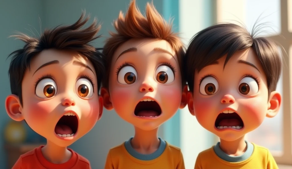 3 different kids facing the camera with a expression surprised, incredulous, Pixar style