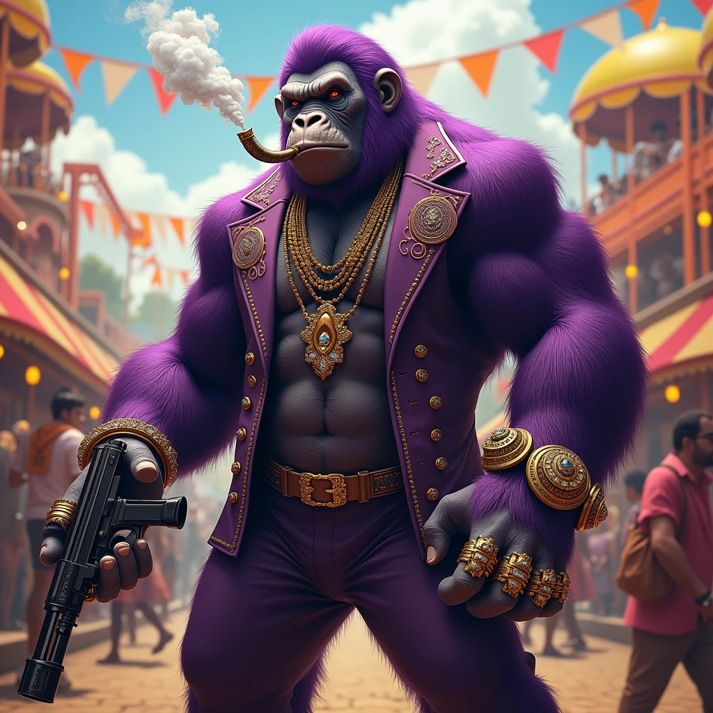 Purple Ape, With giant and high-caliber weapons, with gangster SUIT with chains, tattooed, with huge diamond and gold rings, smoking with a pipe, at an Indian fair, has to be in the foreground