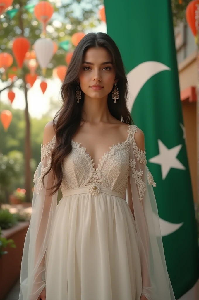 Beautiful Pakistani girl in white dress with Pakistan independence day background. Highly detailed image ultra 8k resolution 