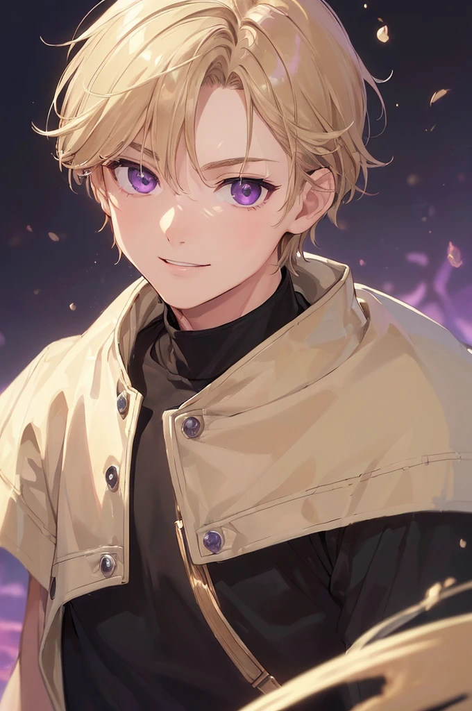 (((masterpiece; best quality: 1.2))), (finely detailed eyes: 1.3), ((ung man)), ((solo)), (purple eyes: 1.4), (body/face type; lean, masculine, manly: 1.3), (very short blond hair: 1.3), (beautiful and clear background: 1.2), ((depth of field)), (equipment: beige jacket + black t-shirt + black watch: 1.3), (anime illustration: 1.2), (background composition; public park + day: 1.1), (extremely handsome: 1.1), (shot composition; standing + centered on face + bust close-up: 1.5), (facial expression; calm, smile: 1.2)