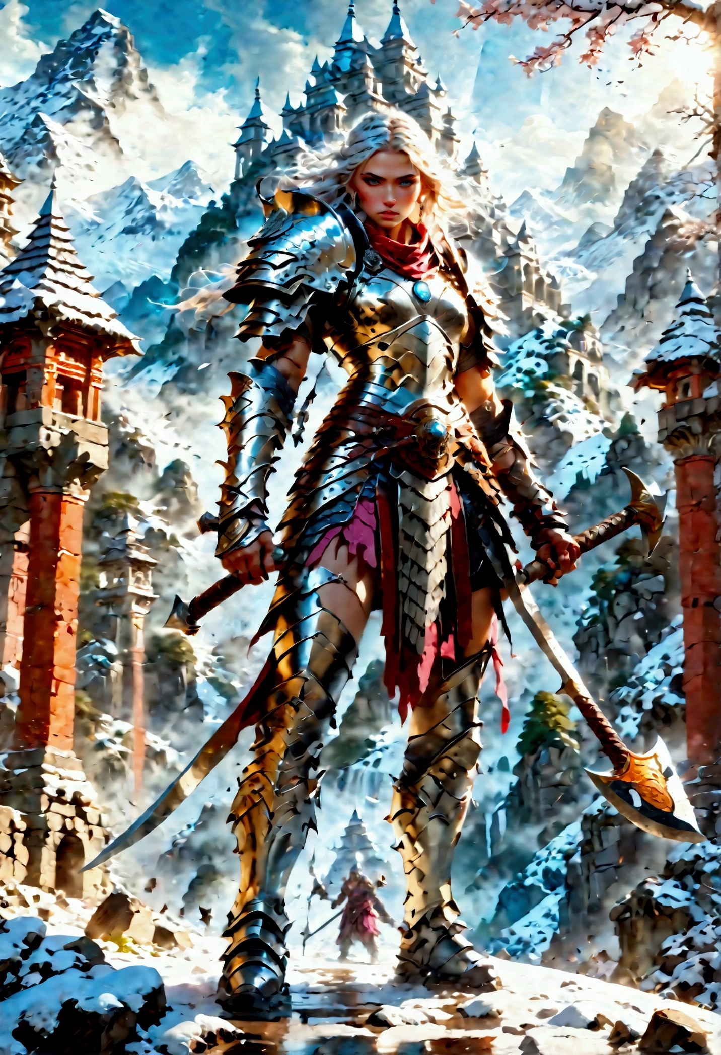 a fantasy art illustration of a female giant knight armed with a ((mighty battleaxe: 1.5)) standing at the temple gates built on snowy mountain, (((she is as tall as the mountain: 1.3))) a wild beautiful, exotic beautiful giant knight, ((anatomically correct: 1.5), (ultra detailed face: 1.2), best detailed face, dynamic hair color, dynamic hair style, armed with a giant axe, shiny axe, its blade reflects the sunlight, studded with gems, wearing metal armor, dynamic armor color, wearing high heeled boots, standing near a fantasy temple, magnificent temple, with a tower, on snowy mountain (((she is as tall as the mountain:1.3))), vibrant, Hyperrealism style, vibrant, Ultra-high resolution, High Contrast, (masterpiece:1.5), highest quality, Best aesthetics), best details, best quality, highres, ultra wide angle, 16k, [ultra detailed], masterpiece, best quality, (extremely detailed) RAW, rpg portrait battleaxe