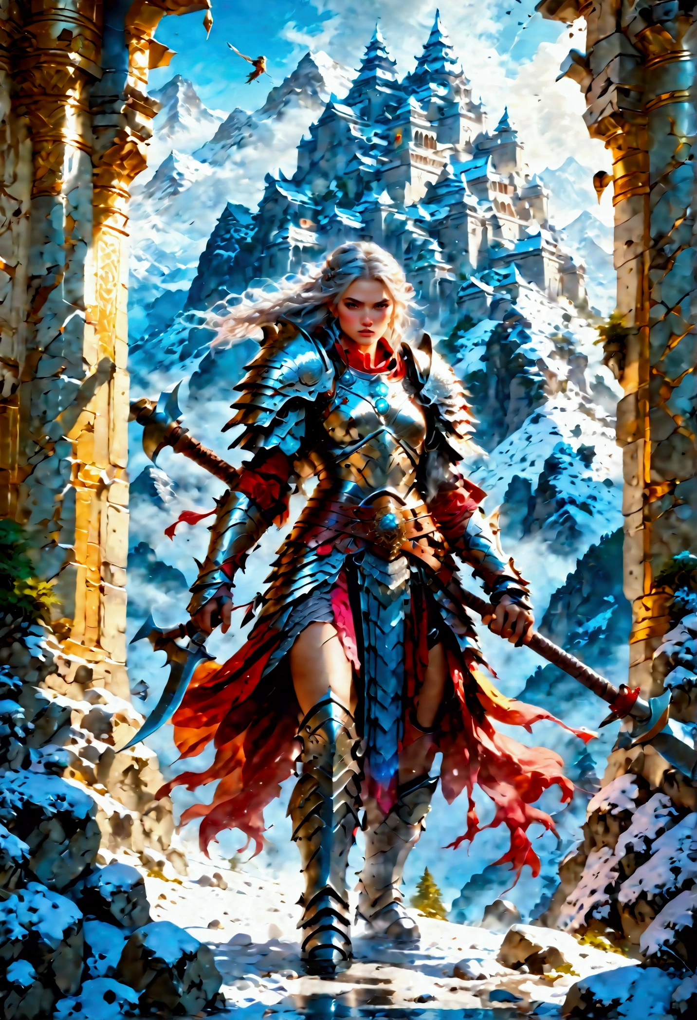 a fantasy art illustration of a female giant knight armed with a ((mighty battleaxe: 1.5)) standing at the temple gates built on snowy mountain, (((she is as tall as the mountain: 1.3))) a wild beautiful, exotic beautiful giant knight, ((anatomically correct: 1.5), (ultra detailed face: 1.2), best detailed face, dynamic hair color, dynamic hair style, armed with a giant axe, shiny axe, its blade reflects the sunlight, studded with gems, wearing metal armor, dynamic armor color, wearing high heeled boots, standing near a fantasy temple, magnificent temple, with a tower, on snowy mountain (((she is as tall as the mountain:1.3))), vibrant, Hyperrealism style, vibrant, Ultra-high resolution, High Contrast, (masterpiece:1.5), highest quality, Best aesthetics), best details, best quality, highres, ultra wide angle, 16k, [ultra detailed], masterpiece, best quality, (extremely detailed) RAW, rpg portrait battleaxe