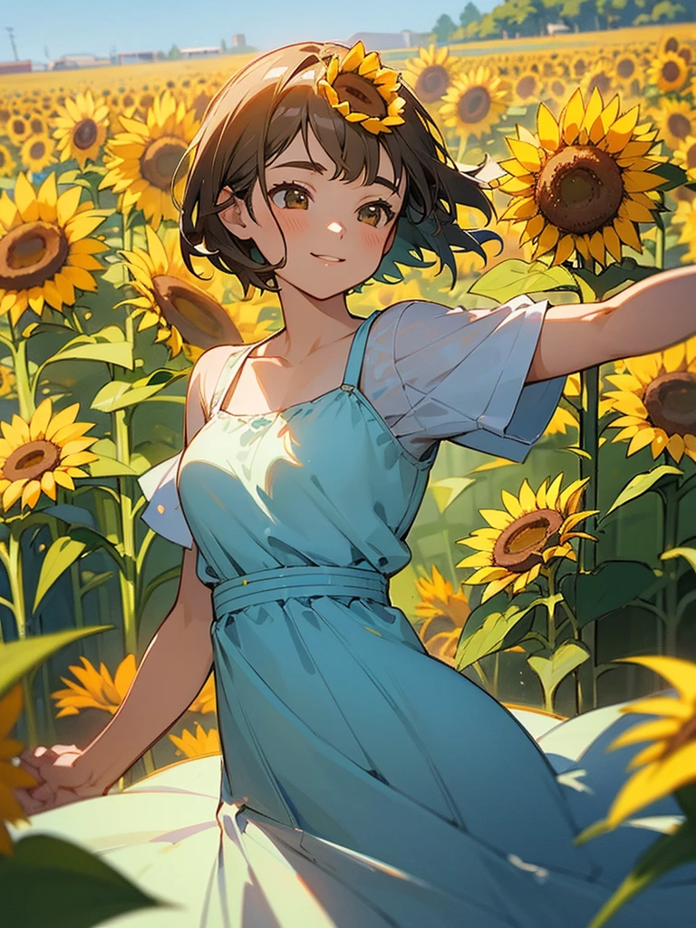 master piece, best quality, for below, cinematic angle, upper body , pigeon toed,
Anime-style Moe illustration, summer vacation theme, 20-year-old woman, sunflower field, short hair,
Picnic Maxi Dress, slightly inner thighs, smile, accurate drawing, Active pose, Active Angle,